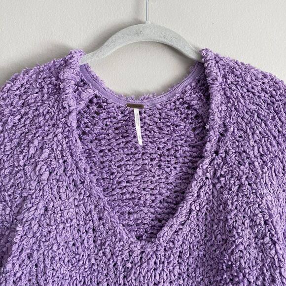 Free People Purple Sand Dune Bell Sleeve Sweater Large Cotton Blend V-neck Boho - Picture 2 of 9